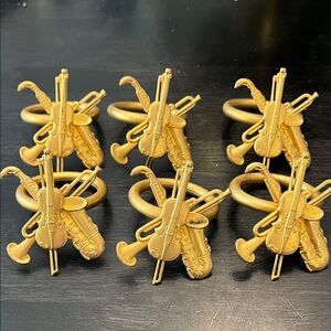 6 Musical Instrument gold napkin rings. Perfect for the musician & Jazz Lover